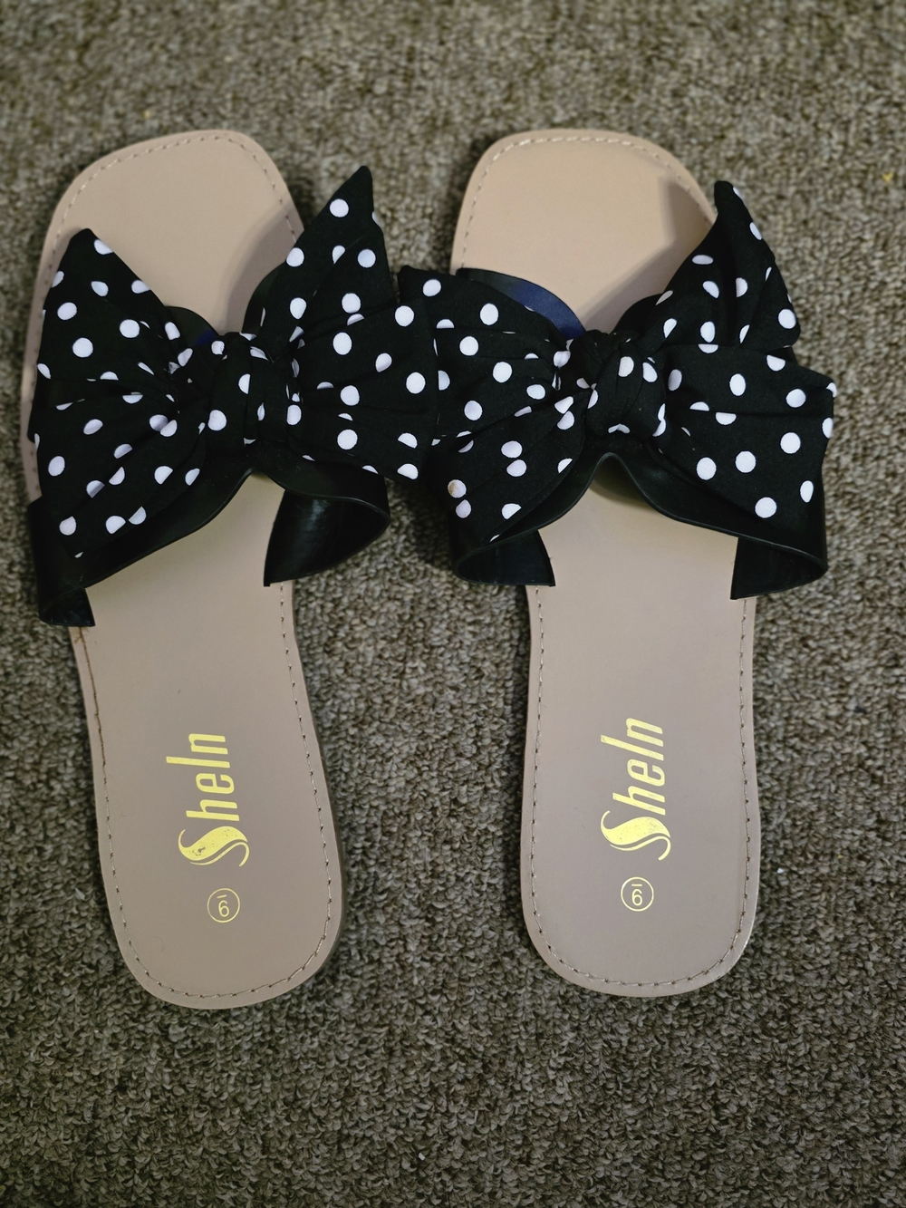 SHEIN Black and White Polka Dot Bow Slide Summer Sandals